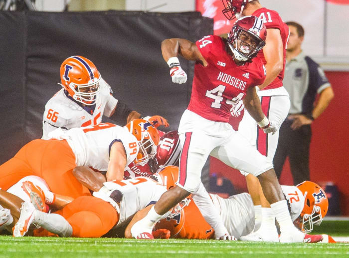 Indiana's Aaron Casey (44) celebrates a goal-line stop during the Indiana versus Illinois football game at Memorial Stadium on Friday, Sept. 2, 2022.